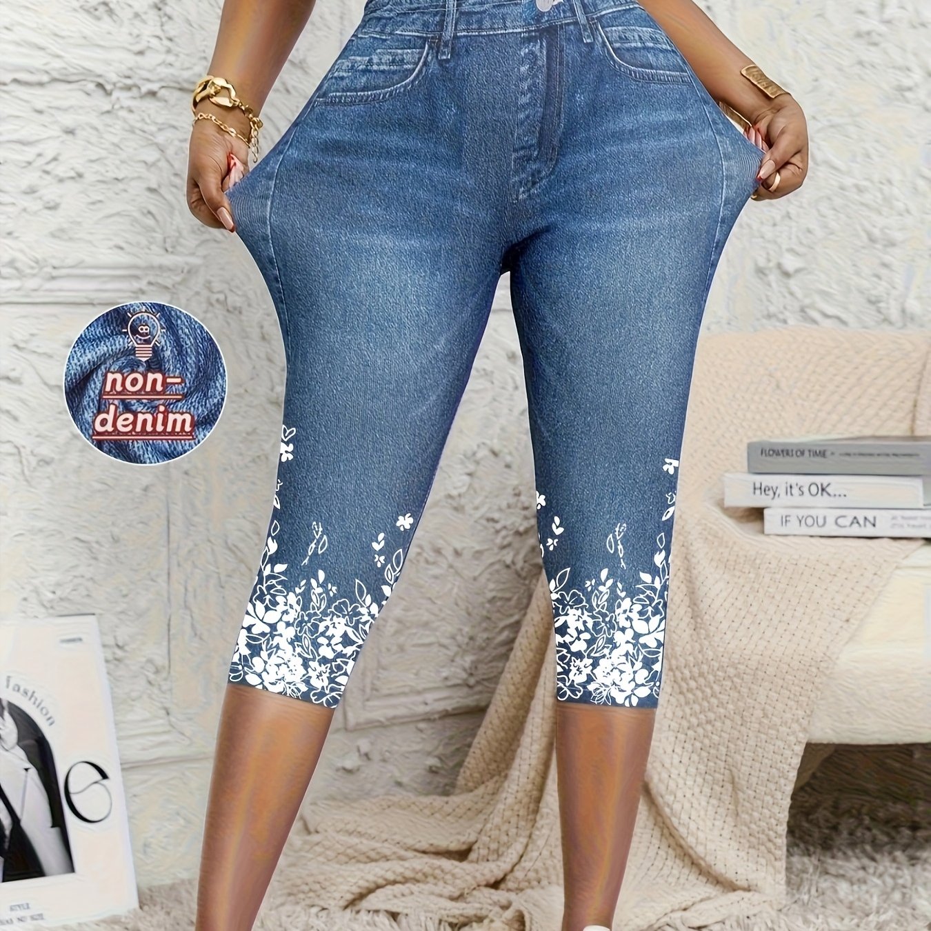 E-shop [Bedruckte Leggings - Kein Denim-Stoff] Damen Leggings mit sieben Punkten und Denim Print, figurbetonte Hose