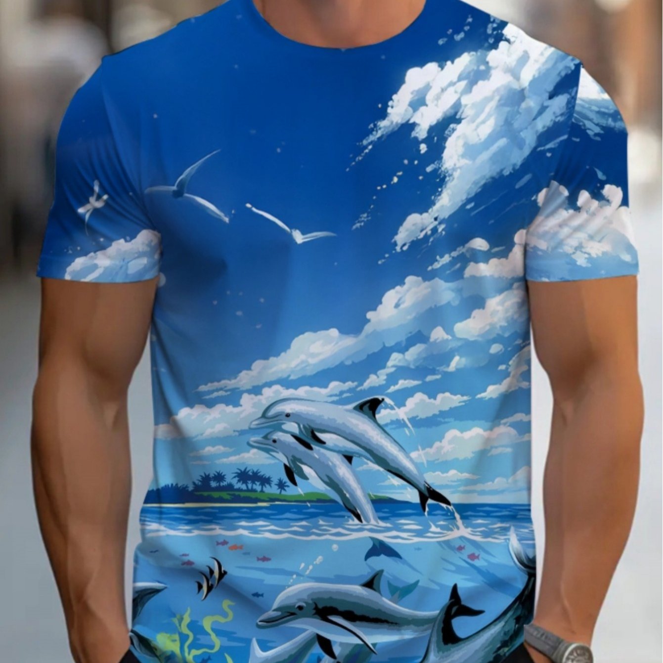 Plus Size's Casual Crew Neck T-shirt, Ocean Dolphin And Bird Print Short Sleeve, Fashionable, Comfortable And Breathable For Summer Daily Wear, With Unique Marine Animal Pattern