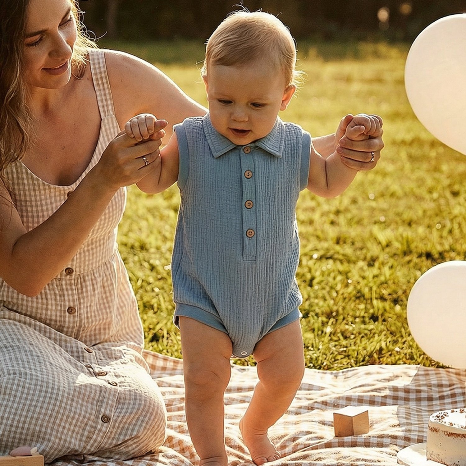 Baby Sleeveless Turn-Collar Button Closure Solid Summer Bodysuit