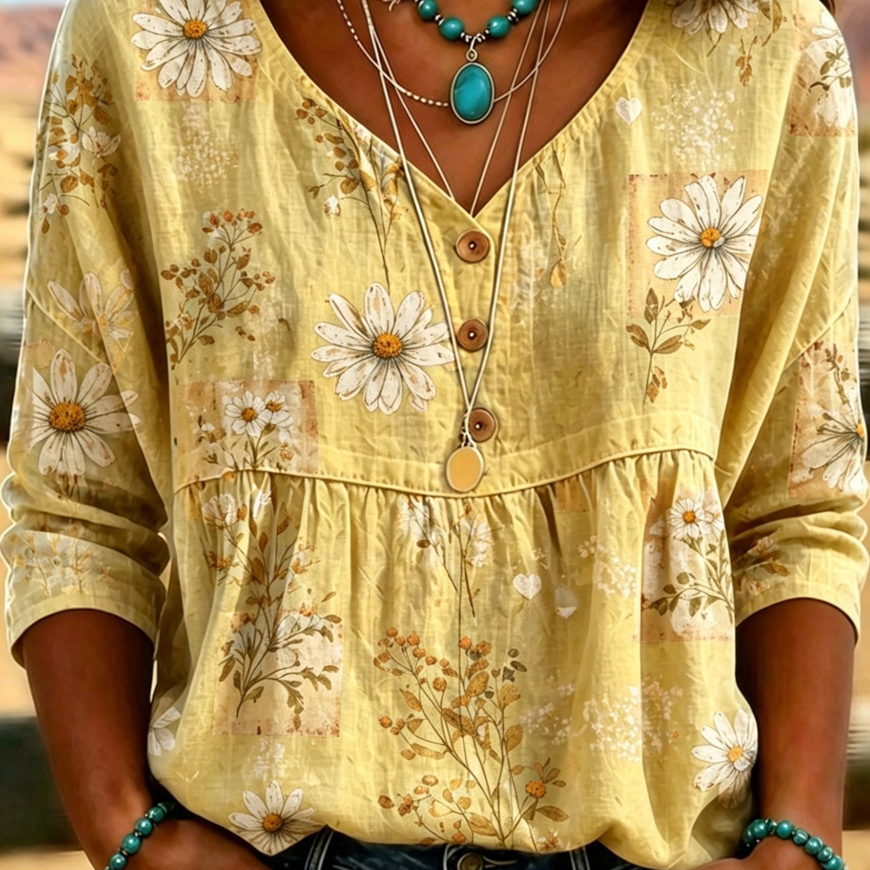 TEMU Boho Yellow Daisy Print V-neck Blouse, Women's Casual Half Sleeve Babydoll Top Lightweight Loose Fit Floral Shirt For Spring Summer