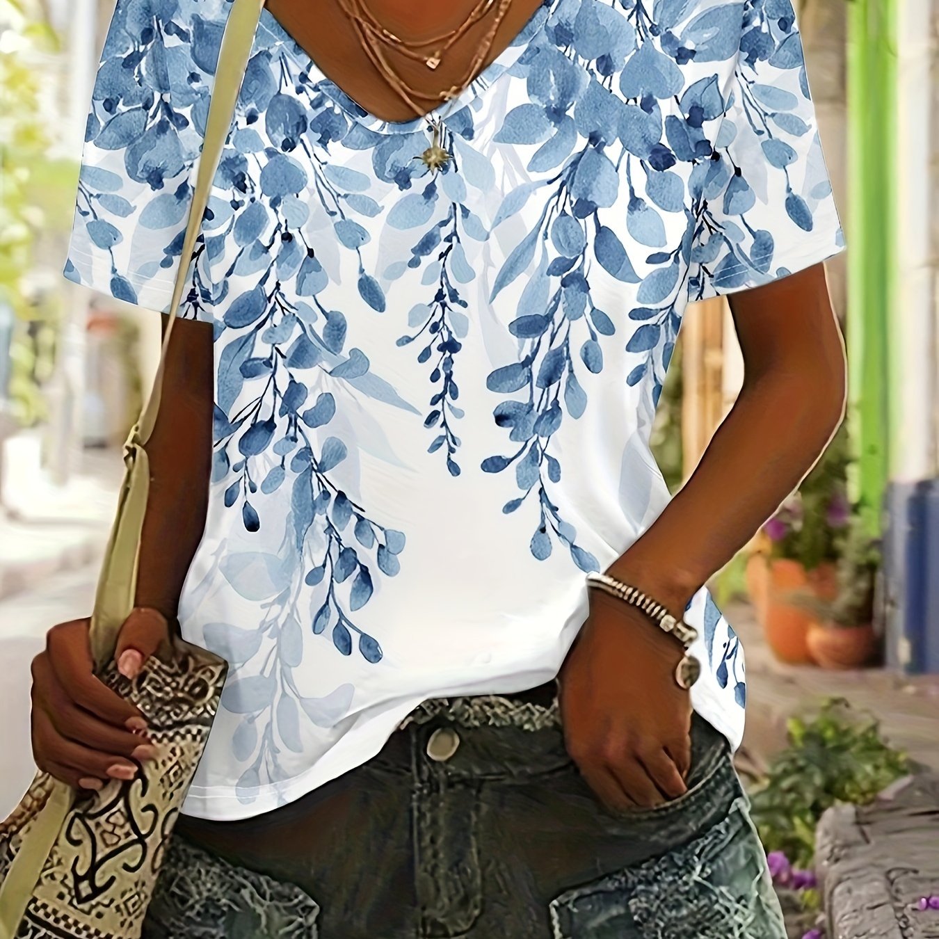 Women's New T-shirt Spring Summer Blue Floral