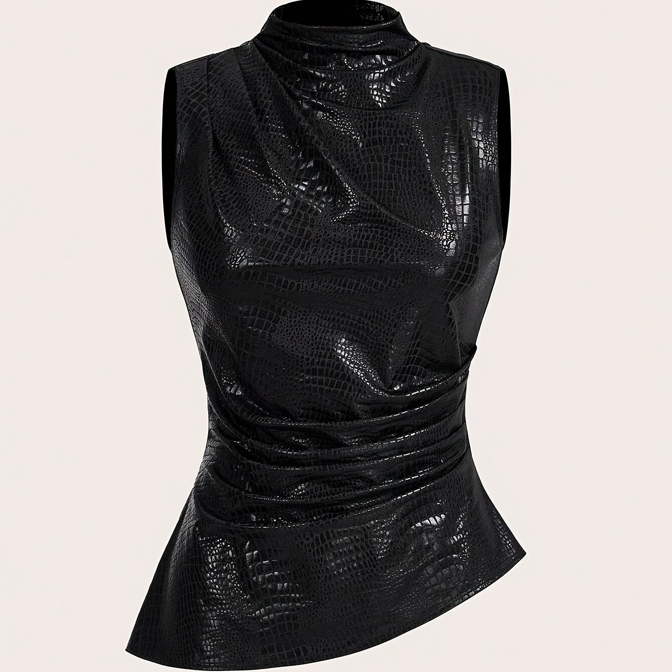 TEMU Women's Crocodile Pattern Sleeveless Collar Asymmetrical Hem Vest Casual Fashion 90s Outfit Street Style Spring And Autumn Solid Color Pleated