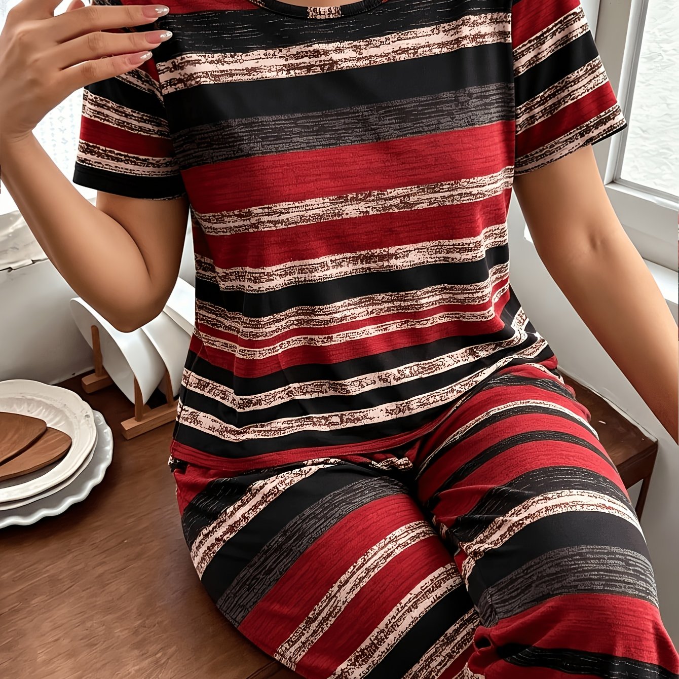 TEMU Women's Pajama And Loungewear 2pcs Set, Spring Summer Autumn Casual Sleepwear, Wear Set, Striped Theme Pajama Set, Loose Round Neck Long Sleeve
