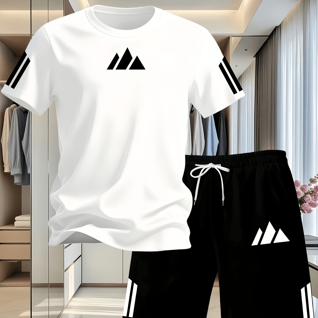 TEMU Completo da 2 pezzi casual sportivo con maniche corte e pantaloncini con motivo stampato 2D di tendenza, Completo estivo da 2 pezzi con maniche