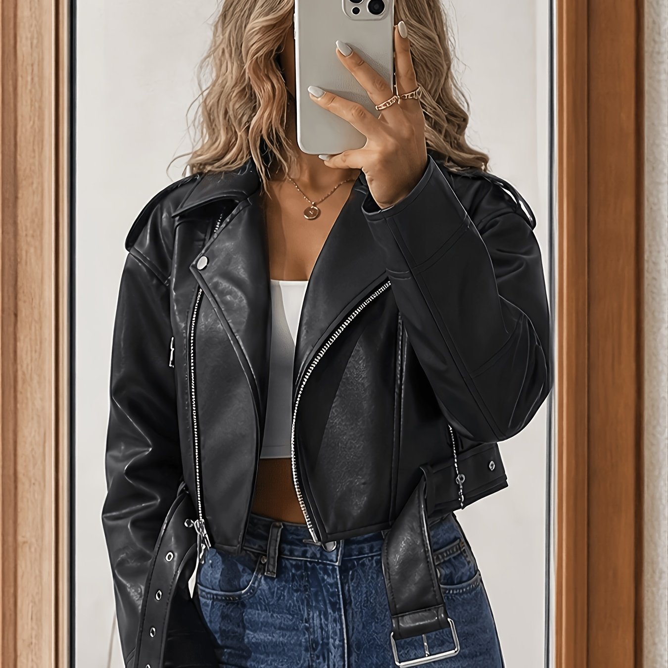 TEMU 2026 Fashion Women's Jacket, With Zipper Detail, Lapel Collar Motorcycle Short Jacket, Women's Winter , Zipper Design, Regular Sleeve Length,