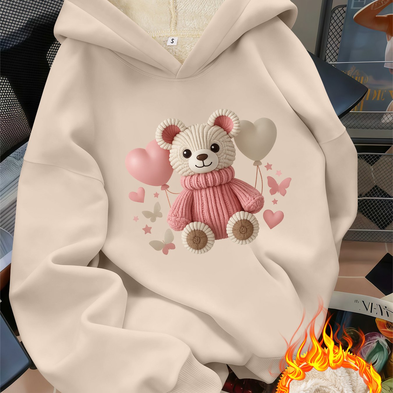 TEMU 【商品名】日本風 韓国風 秋冬 カジュアル レディース 服 ベア ラブ ハート柄 プリント フリース 厚手 フード付き スウェットシャツ