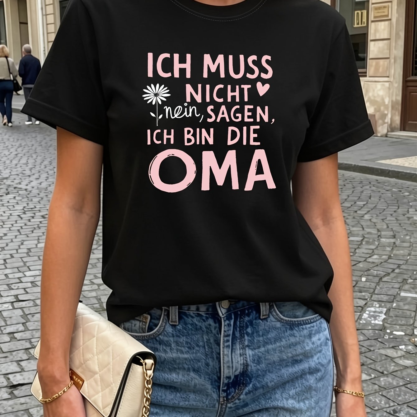 E-shop Deutsches T-Shirt im -Style-Look mit Oma-Identitäts-Slogan, Kurzarm-Freizeit-Top mit Rundhalsausschnitt für Sommer & Frühling, Damenbekleidung