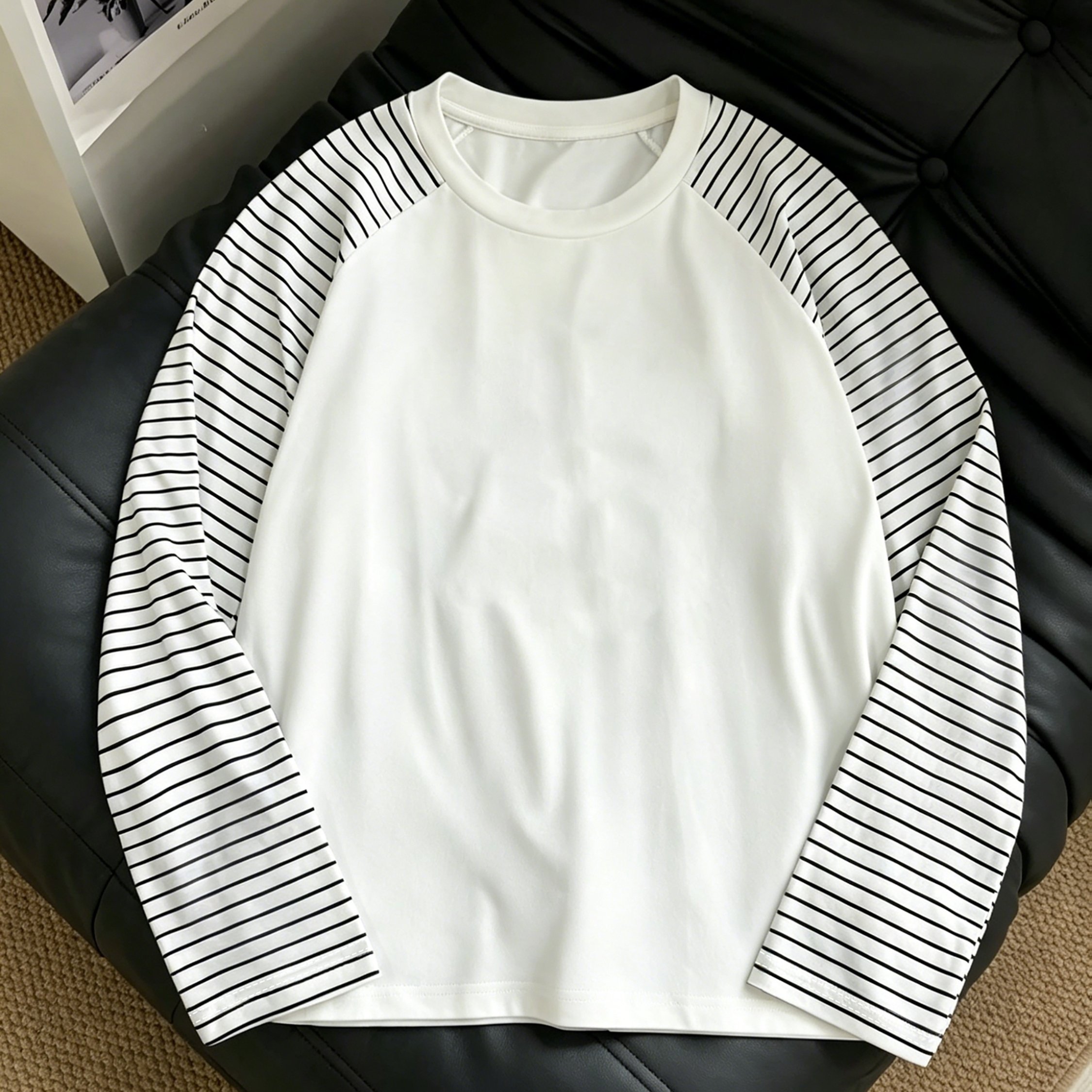 TEMU Black Striped Off-shoulder Long Sleeve, Women's Spring/autumn Korean Style Loose Casual Versatile Round Neck Contrast Top