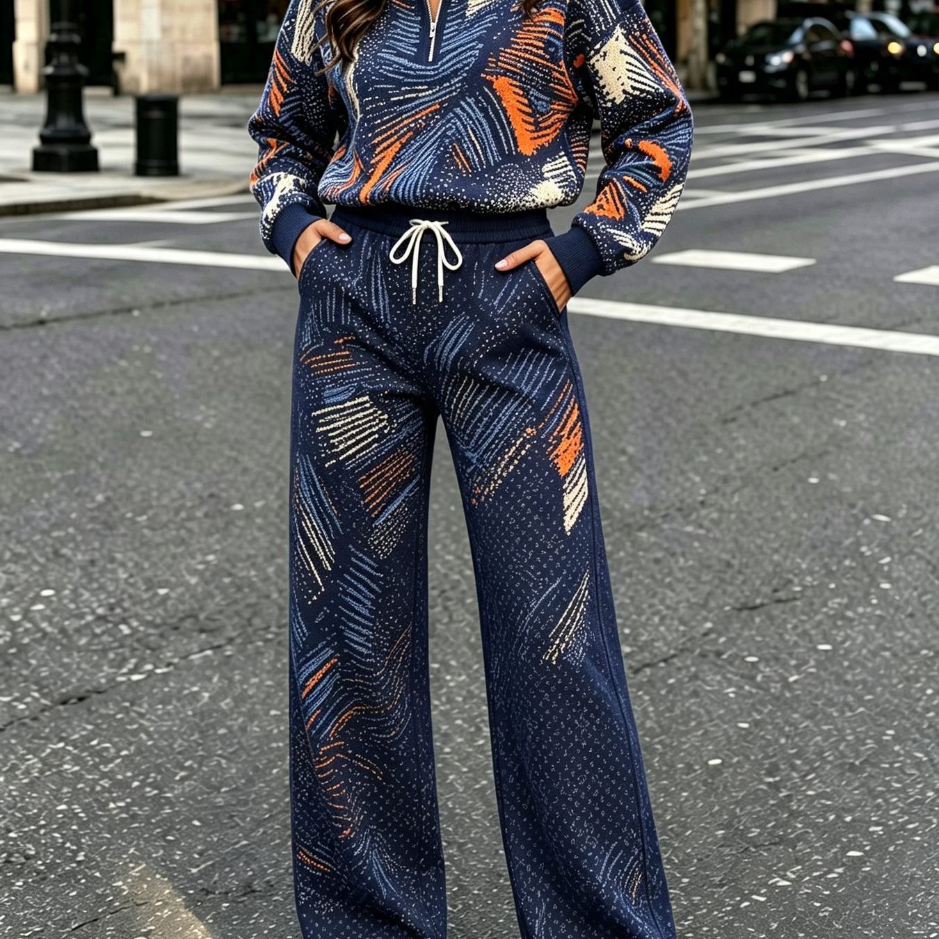 Image of 2pcs European And Women's Casual Set, With A Stand-collar Zip-up Top With Casual Pants, Featuring Geometric Design, Suitable For Casual Outdoor Daily Wear And Commuting.