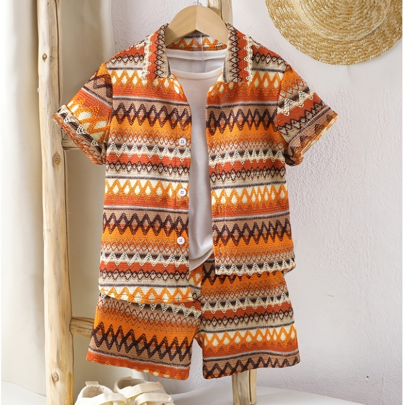 TEMU 2-piece Boys' Summer Lapel Shirt And Shorts Set, Full 3d Pattern, Suitable For Outdoor Activities And Daily Wear, A Gift Option For Kids,
