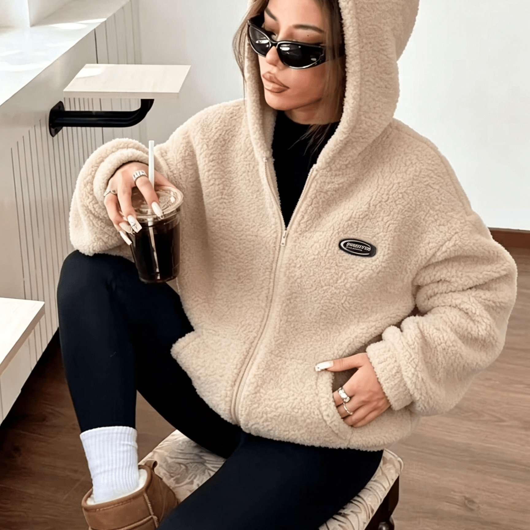 TEMU Autumn/winter Women's Thickened Plush Hooded Cardigan Jacket, Solid Jacket, Zipper Pocket Women's Top Outerwear