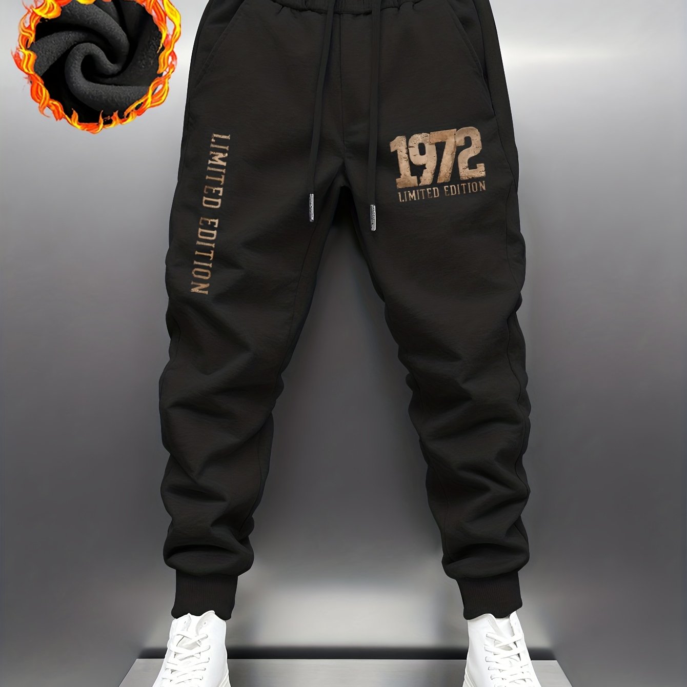 TEMU Men's Streetwear Thick Sweatpants, Men's Gift, Golden Letter Print Street Hip-hop Style Autumn/winter -lined Thermal Joggers, Youth Casual Long