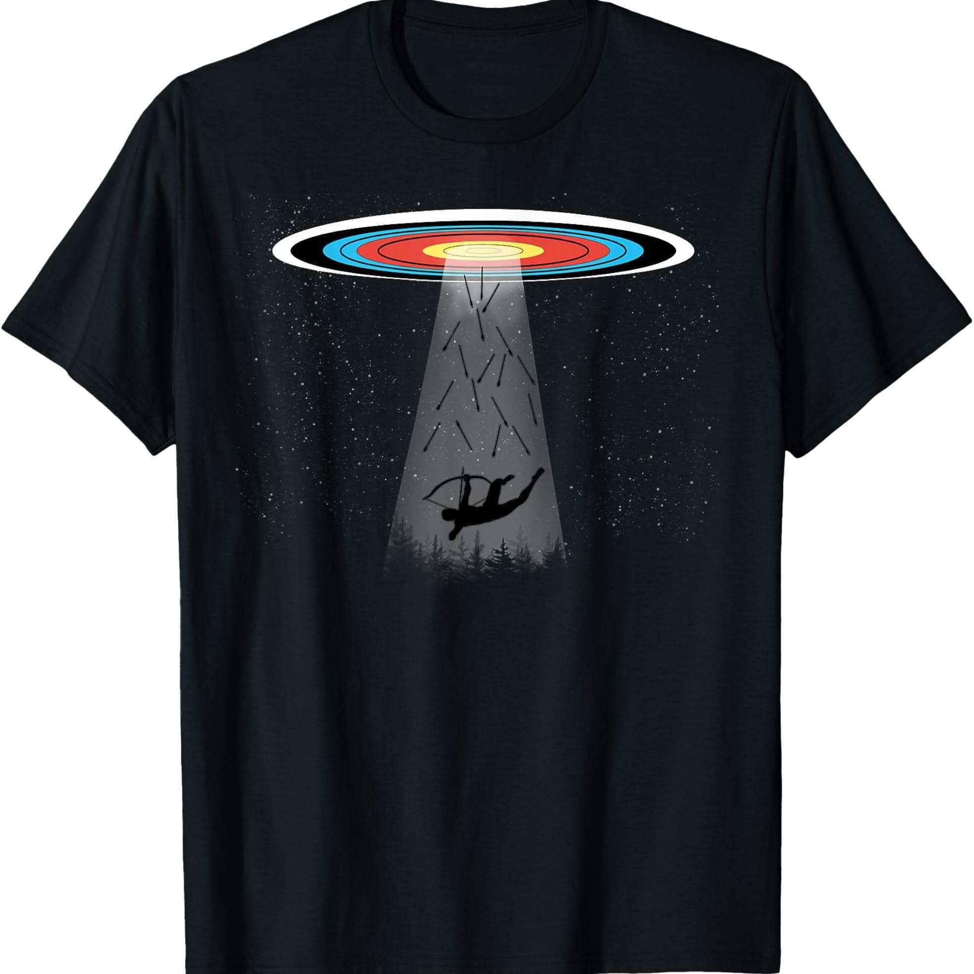 Image of Men' S Ufo & Archery Graphic Tee - 100 Cotton, Casual Round Neck Short Sleeve T- Shirt, Ideal Gift For Dad, Husband, Grandpa - Black, Sizes S- Xxxl, Summer Tshirtcasual Stylecrafted For