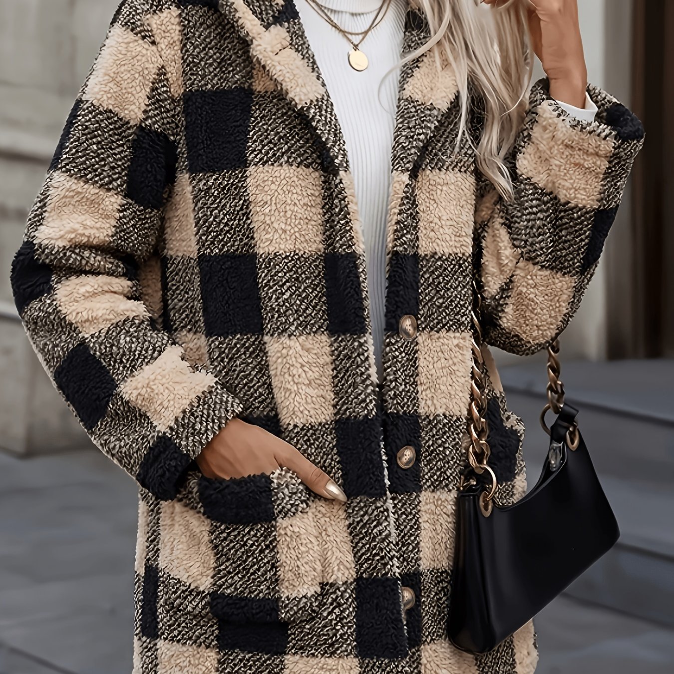 TEMU Women's Elegant Jacket With Plaid Print - Double-sided, Hooded Button Front Closure & Pockets, Mid-length Suitable For Autumn/winter Outerwear,