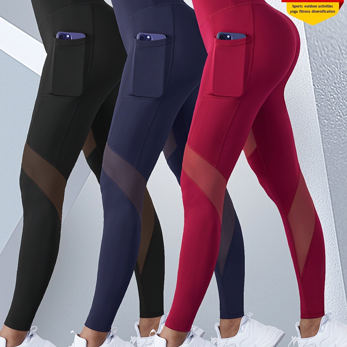 E-shop Neue 3er-Pack Damen Yoga Hose, feuchtigkeitsableitende Leggings, Po-Lifting und Bauchkontrolle Tights, atmungsaktive und bequeme Mesh