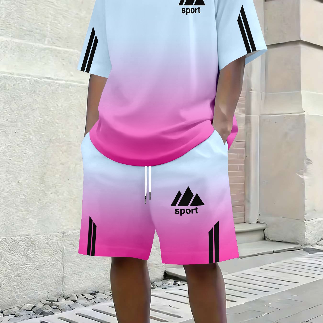 TEMU Men's Novelty Apparel Set: Round Neck T-shirt   Shorts 2pcs Set, Summer Men's Set With Triangle Pattern Print Design, Breathable Fabric Suitable