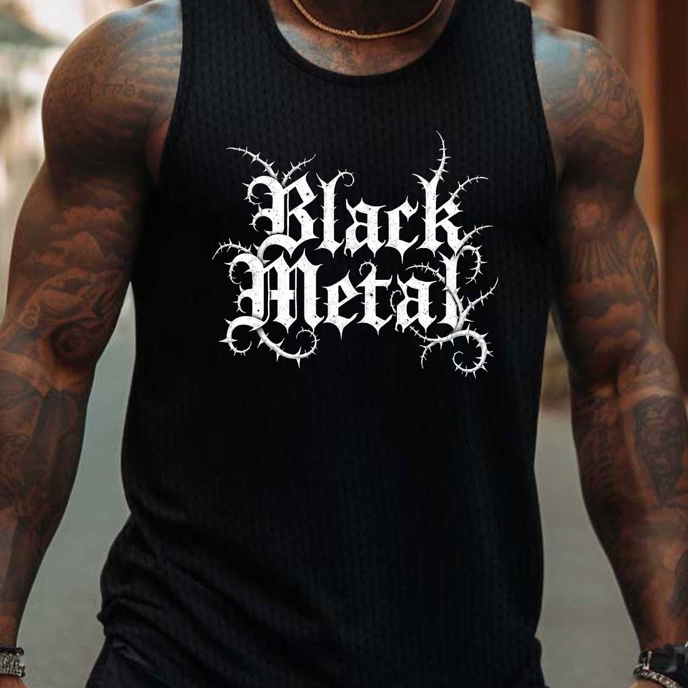 TEMU Men's Black Metal Gothic Font Tank Top - Sleeveless Athletic Shirt, Breathable Muscle Tee For Gym, Concerts, Casual Attire - Lightweight Summer
