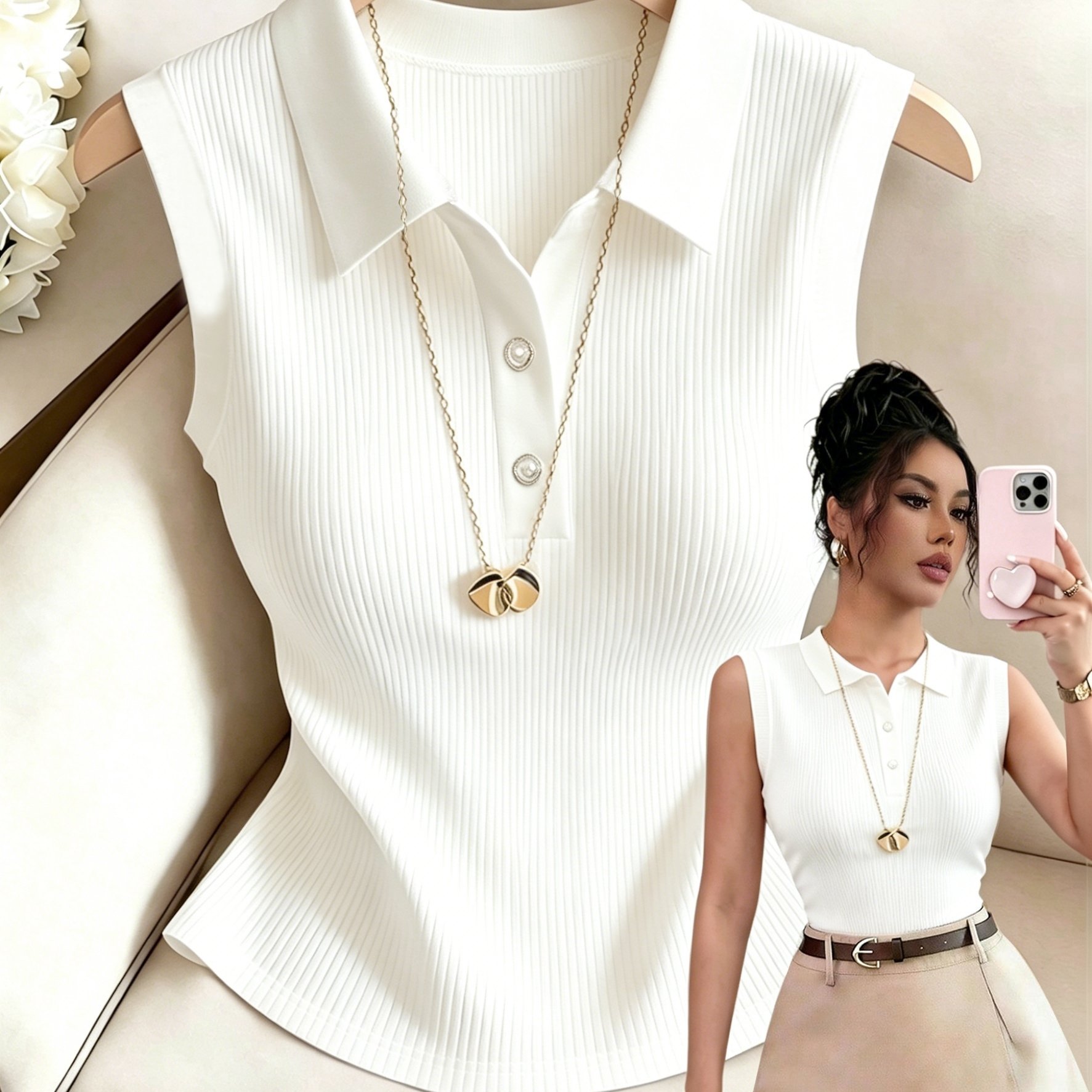 TEMU [ For Regular Fit] Fashionable, Elegant Women's Tank Top With Collar And Ribbed