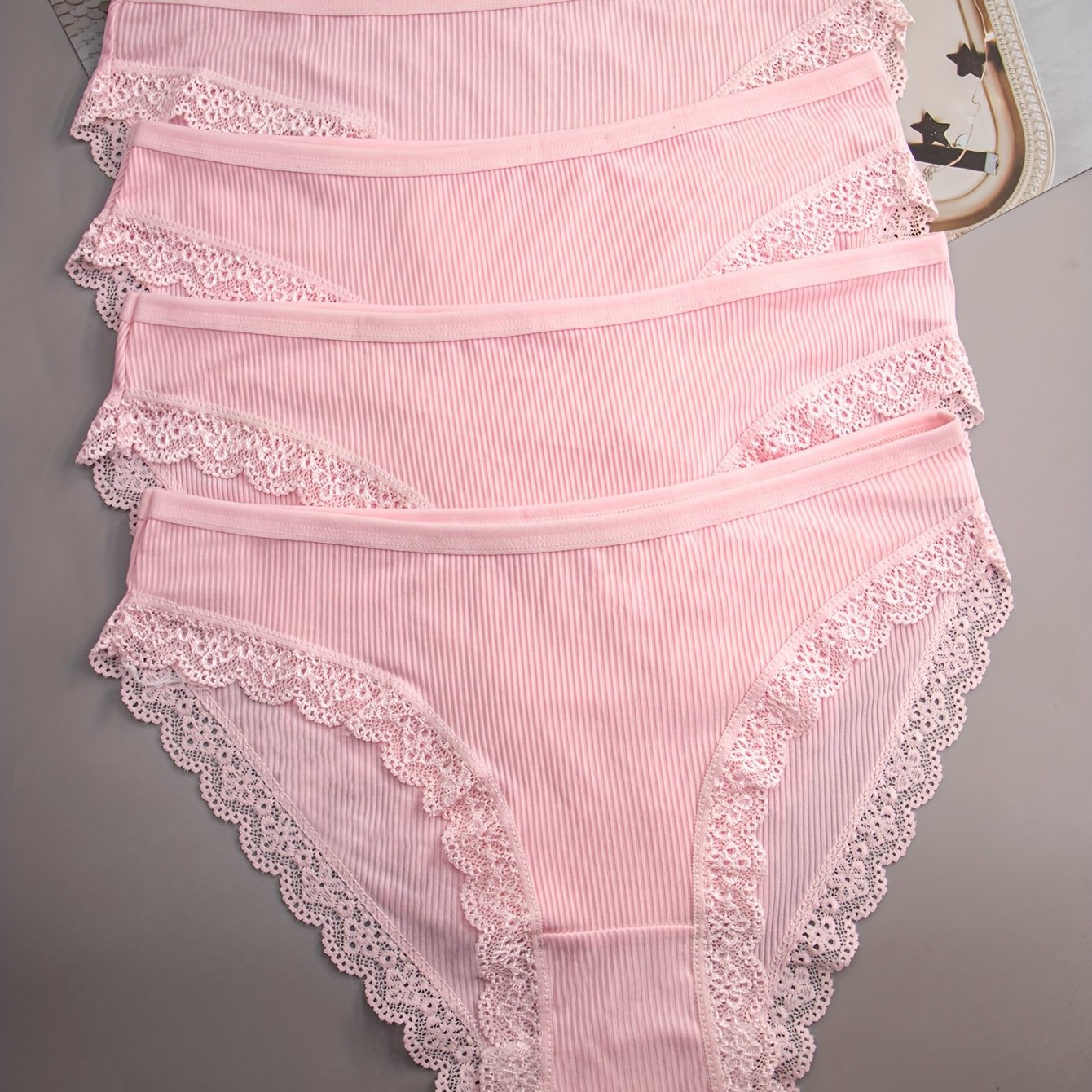 E-shop 4er-Pack Damen-Slips mit rosa Spitze, atmungsaktivem Mesh-Design, hohe Elastizität ohne Enge, erfrischender , akzentuiert mit gestreiften