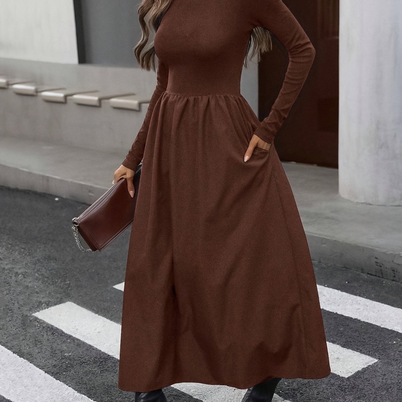 E-shop [NS702] Damen Kleid mit Rundhalsausschnitt, langen Ärmeln und Patchwork-Design, elegant und einfach gestaltet