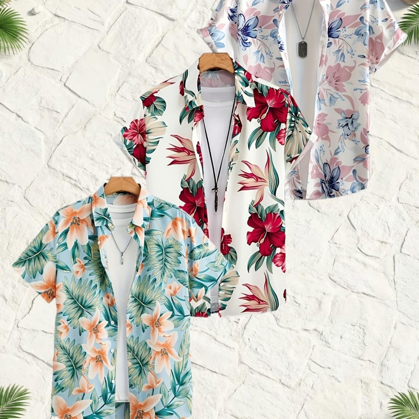 Men's Plus Size Short Sleeve Shirts 3-pc Summer Loose Casual Printed Shirts Vacation Tops Plant Flower Patterns Options Big And Tall Men's Clothing Women's Clothing