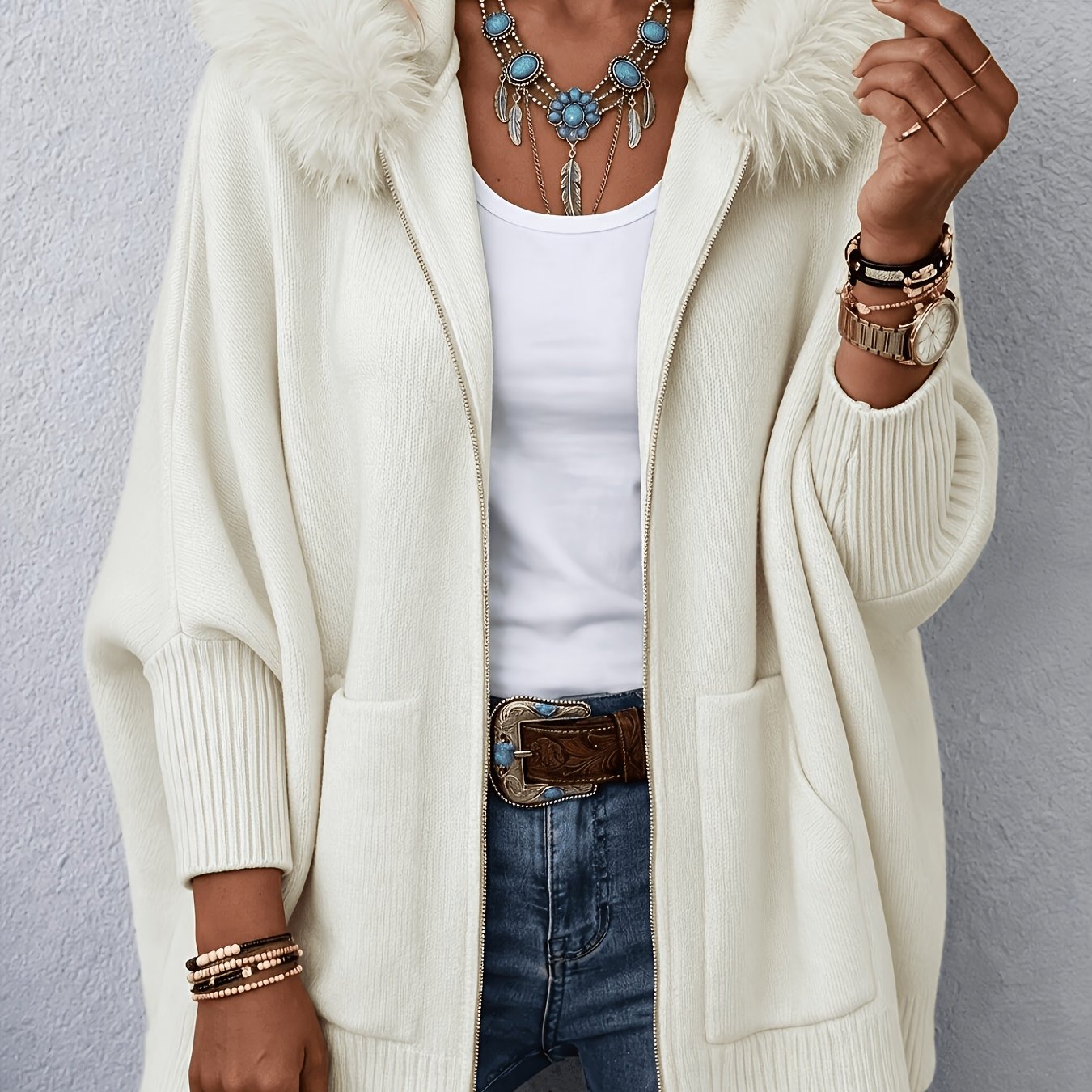 TEMU Cardigan Grande Taille pour Femme à Capuche avec Fausses Liserés, Style Bohème à Fermeture Éclair Intégrale, Cardigan Style Décontracté Mi-Long