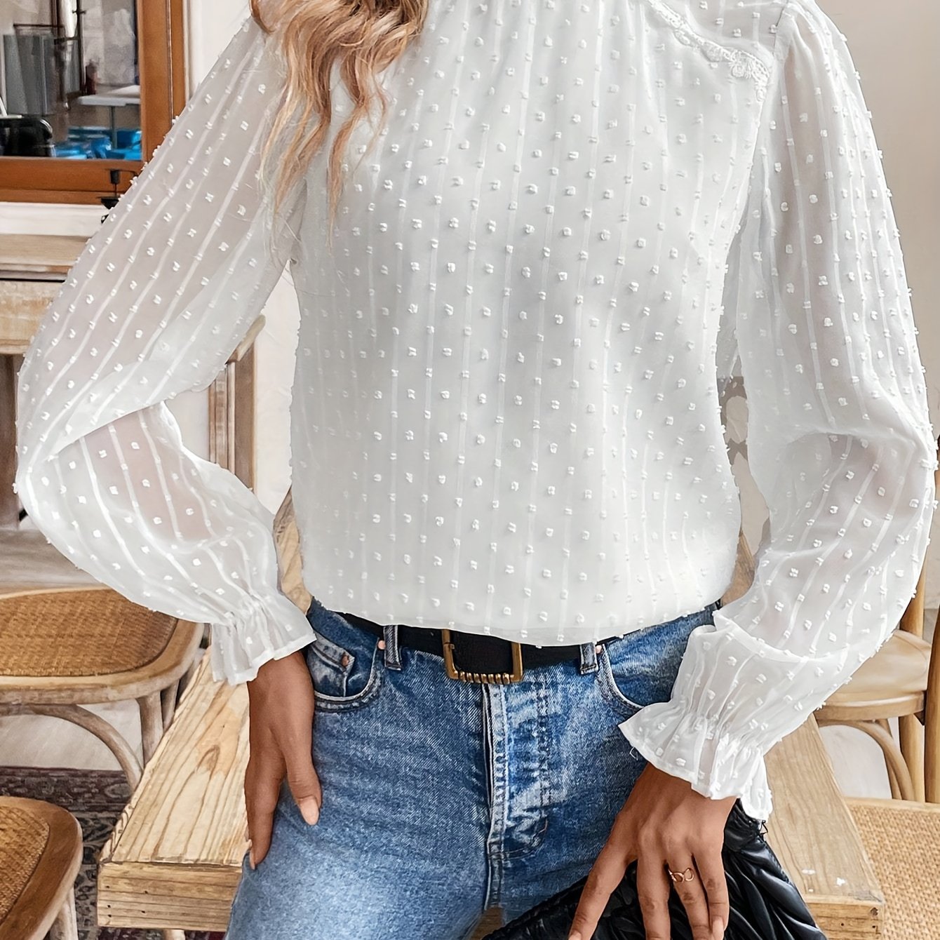 Autumn/winter Dot Ruffle Sleeve Lace Shirt, Long Sleeve Top
