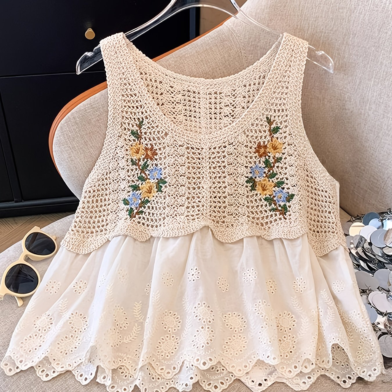 TEMU Sweet Wavy Edge Outerwear Vest With Sleeveless Hollow Out Skirt Short Top Colorful Embroidery Pullover