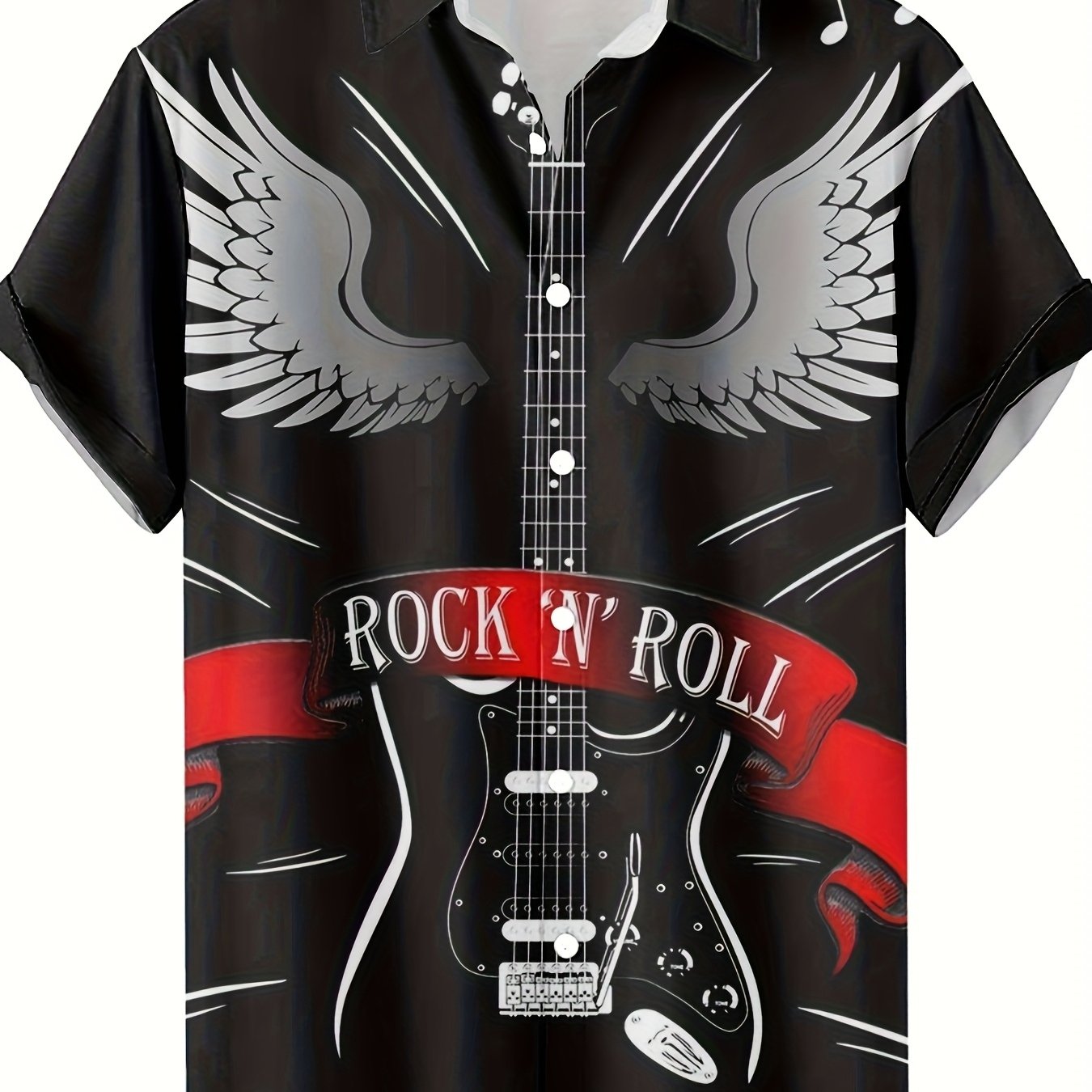 TEMU Men's Fashion Casual Shirt With Rock Guitar Vintage Pattern Print, Hip-hop Style Hawaiian Shirt, Plus Size