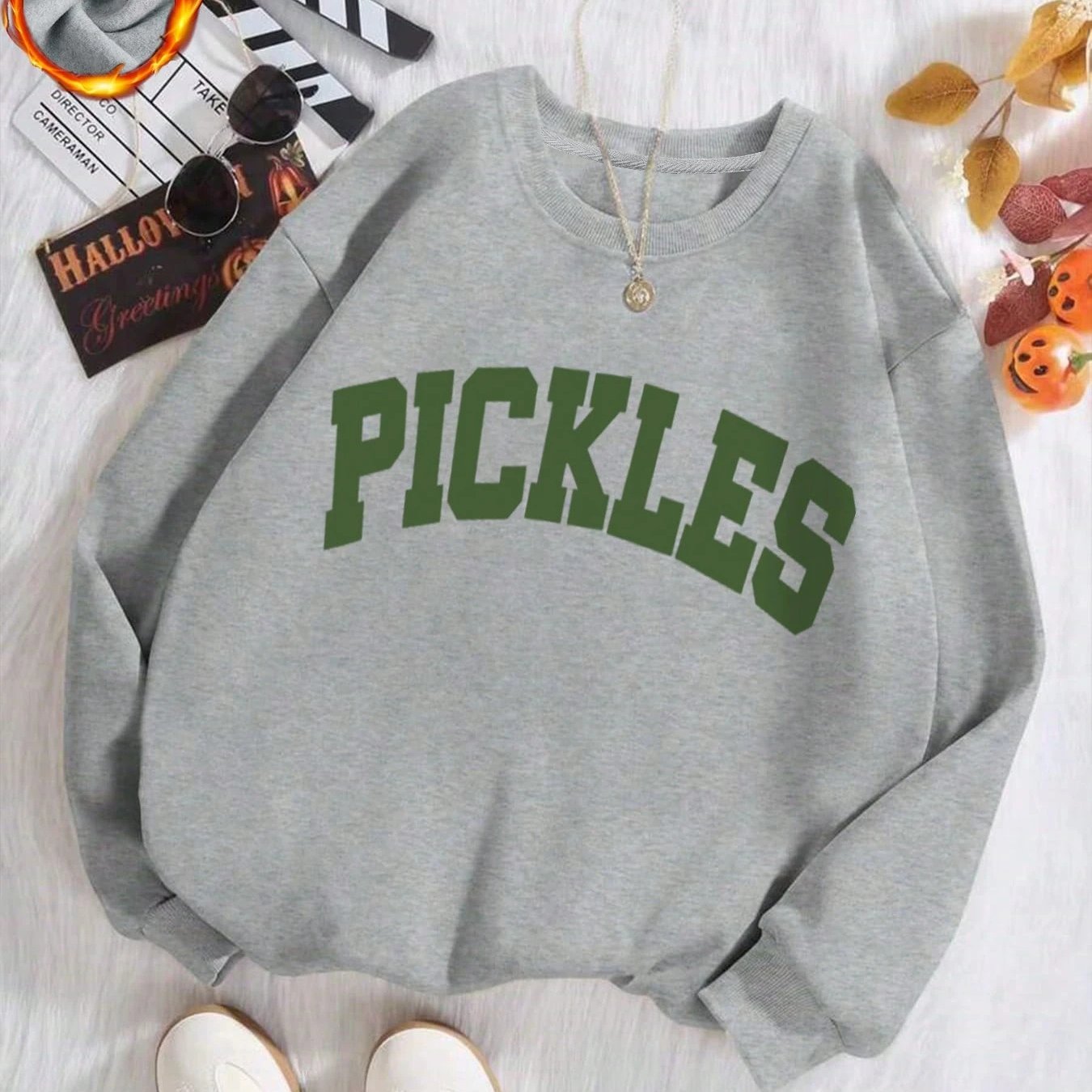 TEMU Sweatshirt décontracté à col ras du cou doublé pour femme, automne/hiver, avec imprimé "PICKLES" en lettres majuscules, manches longues +