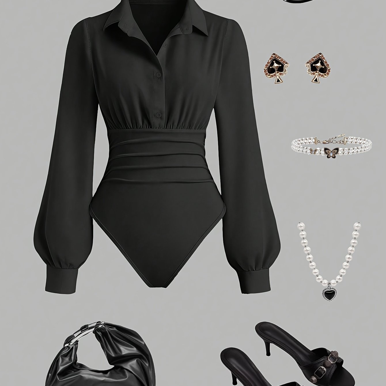 TEMU Workplace Lapel Jumpsuit, Waist-cinching Pleated Design Long Sleeve Shirt Bodysuit