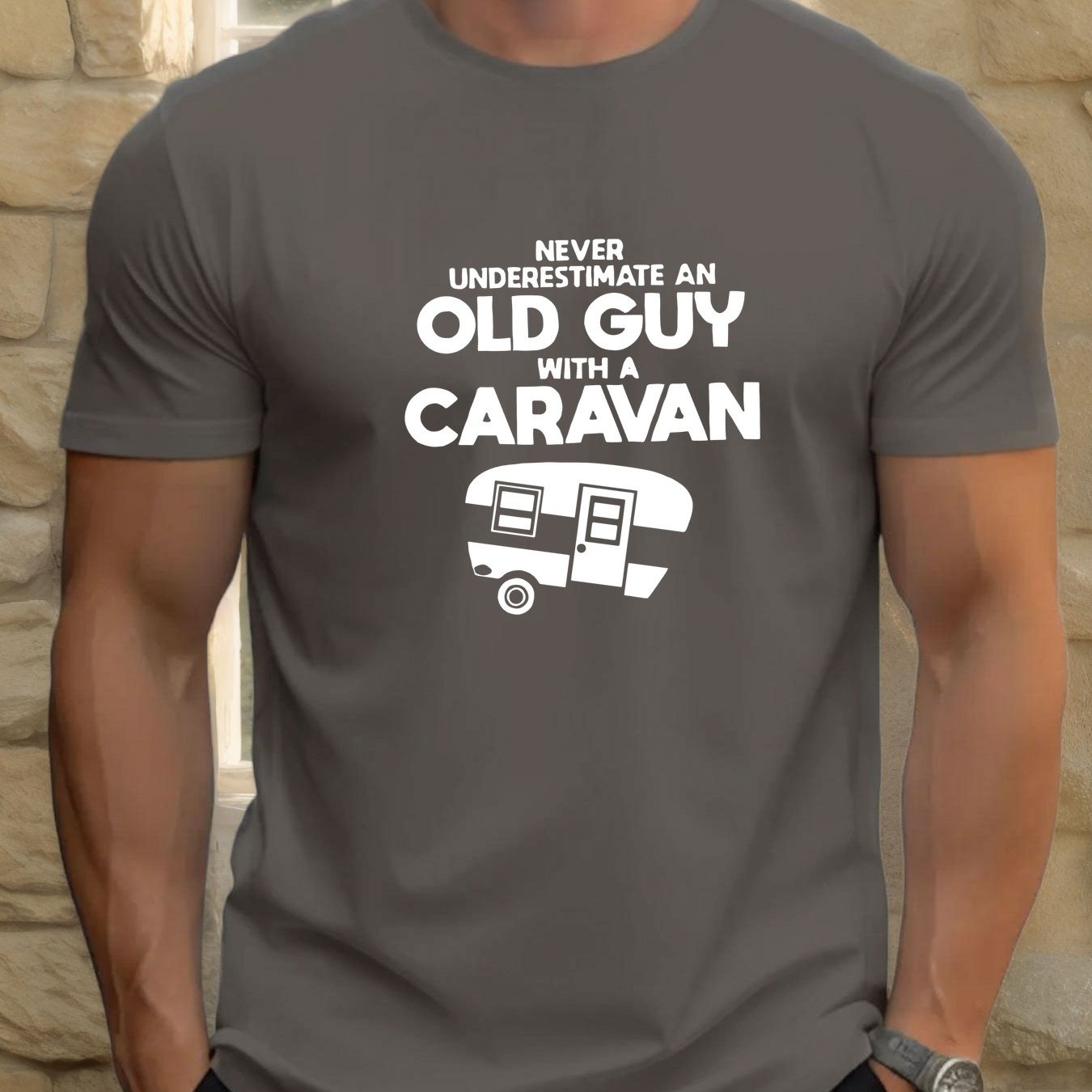 TEMU Men's "never An Old Guy With A Van" Vintage Rv T-shirt - Casual Short Sleeve Round Neck Tee With Van & Rv Graphic, Breathable Summer Shirt For