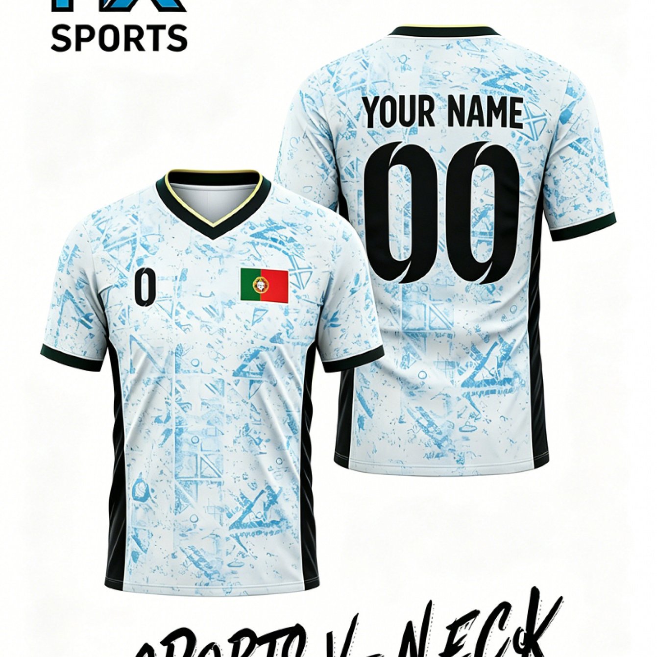 TEMU Maillot de football personnalisable d'inspiration portugaise à manches courtes et col en V, T-shirt de football à imprimé blanc et bleu,
