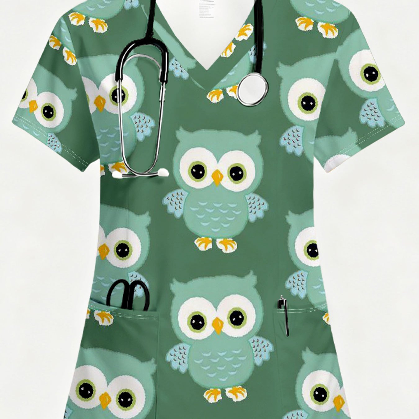TEMU Women's Short-sleeve Pocketed Uniform, Fashion Style, Modern Minimalist, 2d Owl Print, Soft And Comfortable Machine Washable, Suitable For Daily