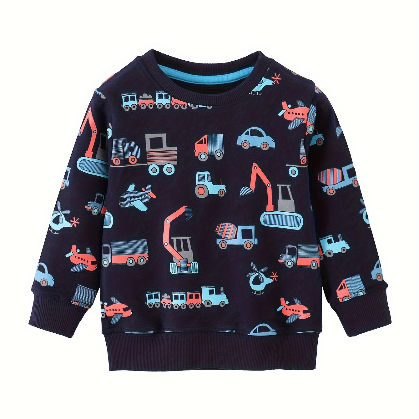 Boys' Spring/autumn Cartoon Excavator Car Pattern Long Sleeve Sweatshirt, Breathable Comfortable Casual Wear