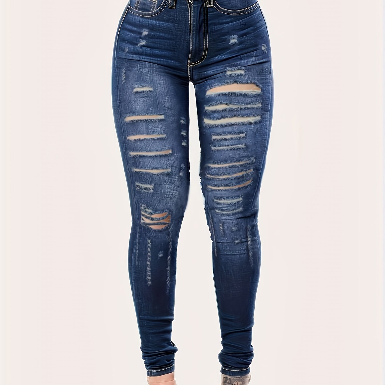 Blue Ripped Holes Skinny Jeans Slim Fit High stretch Slash - Temu Spain