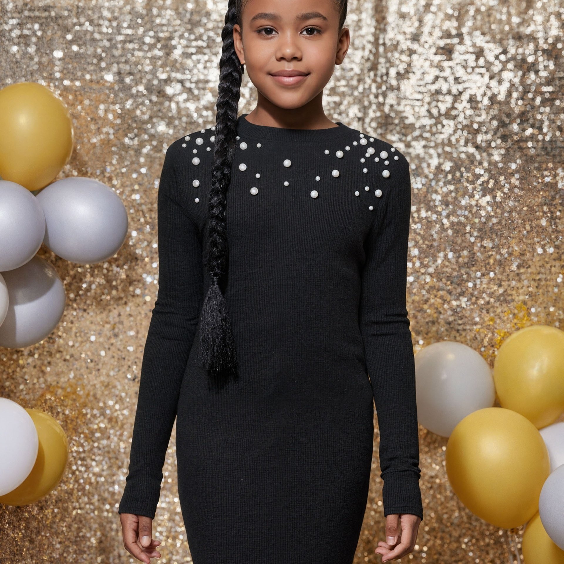 Image of Girls' Autumn/winter Casual Solid Color Long Sleeve Dress With Round Neck And Pearl Embellishments, Perfect For Parties And Dances, Ideal Holiday Birthday Gift