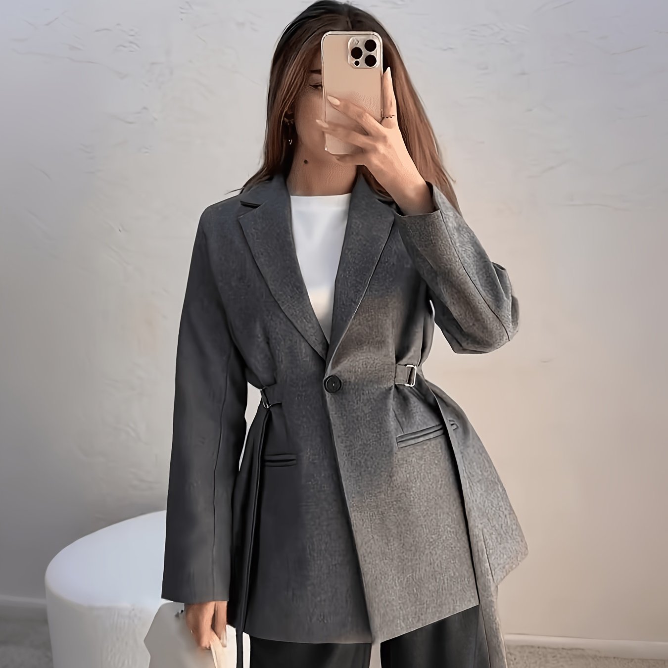 TEMU Women'-color Belted Blazer With Single-breasted Design And Belt Detailing