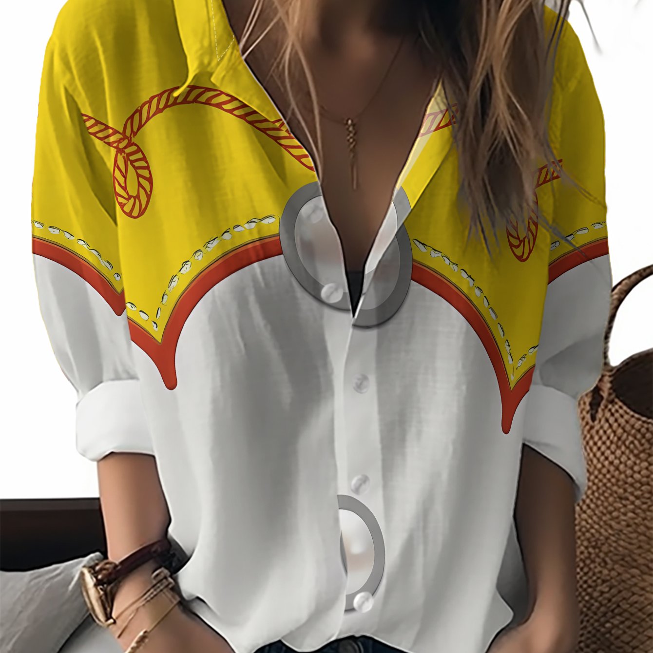 TEMU Women's Long-sleeve Shirt Features Red String Decorations In Area Of , And 2 In Area Below. A Versatile Casual Top Suitable For Festive