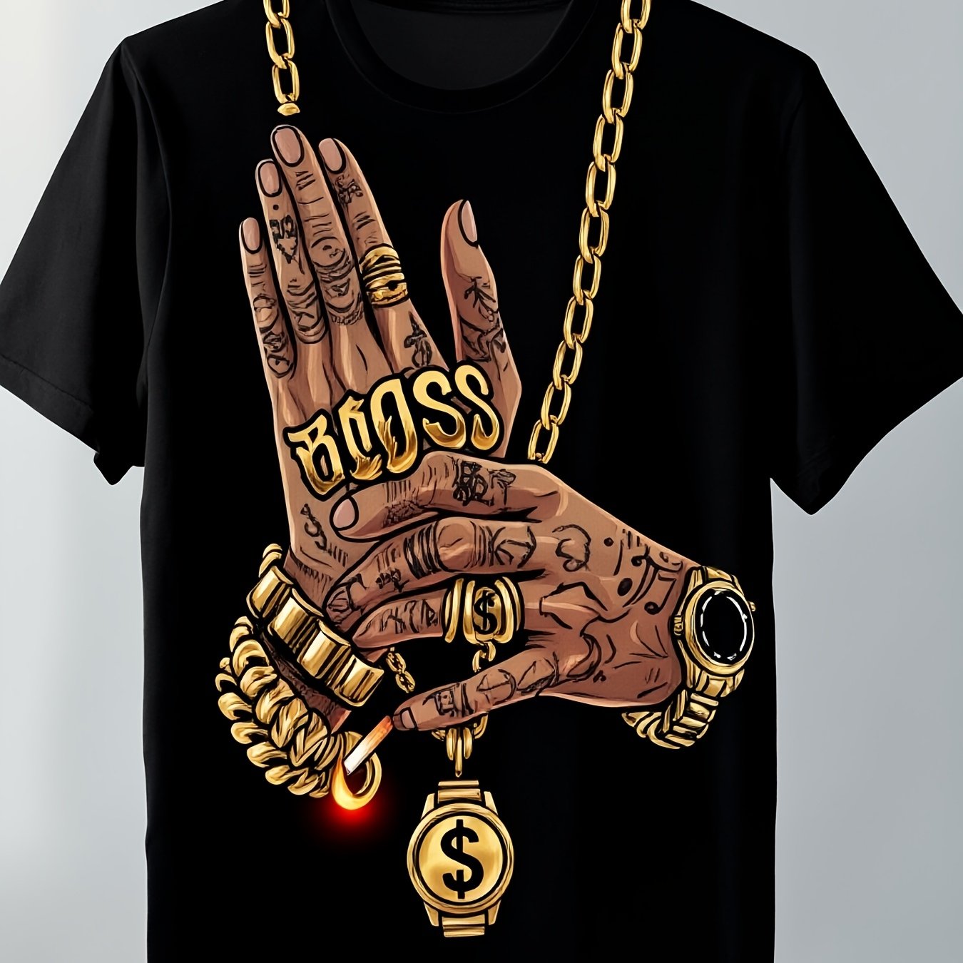 Men's Black Tshirt Shiny Gang Hand Theme With Alphabets Pattern Crew Neck Regular Fit2pure Cotton Breathable Sweat-wicking And Soft Suitable For Daily Commutes Lounging At Home And Casual Wear.