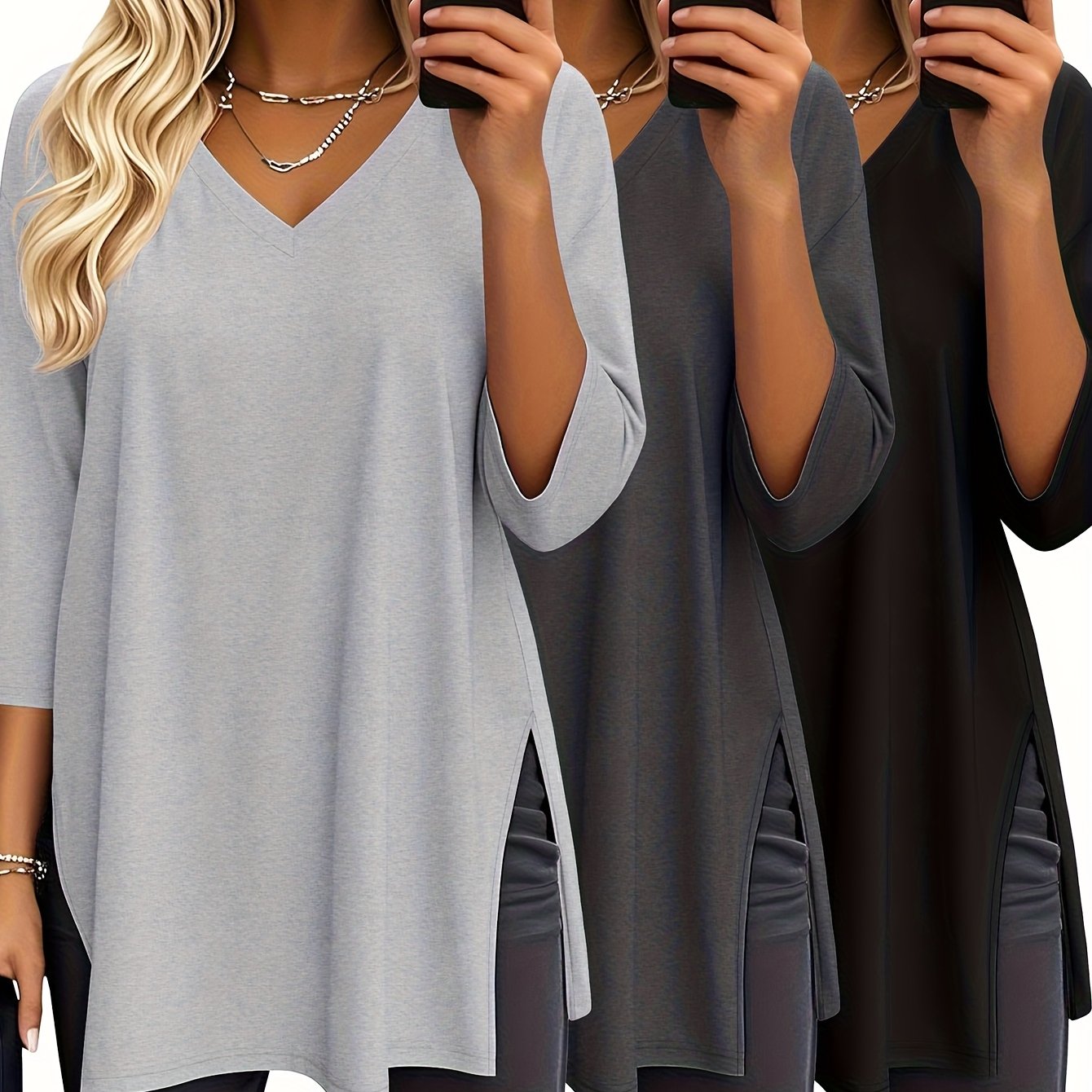 E-shop 3-teiliges Set Damenmode Oversized Top mit 3/4-Ärmeln, V-Ausschnitt Y Freizeit-Shirt mit Seitenschlitz, lockeres Basic-T-Shirt mit