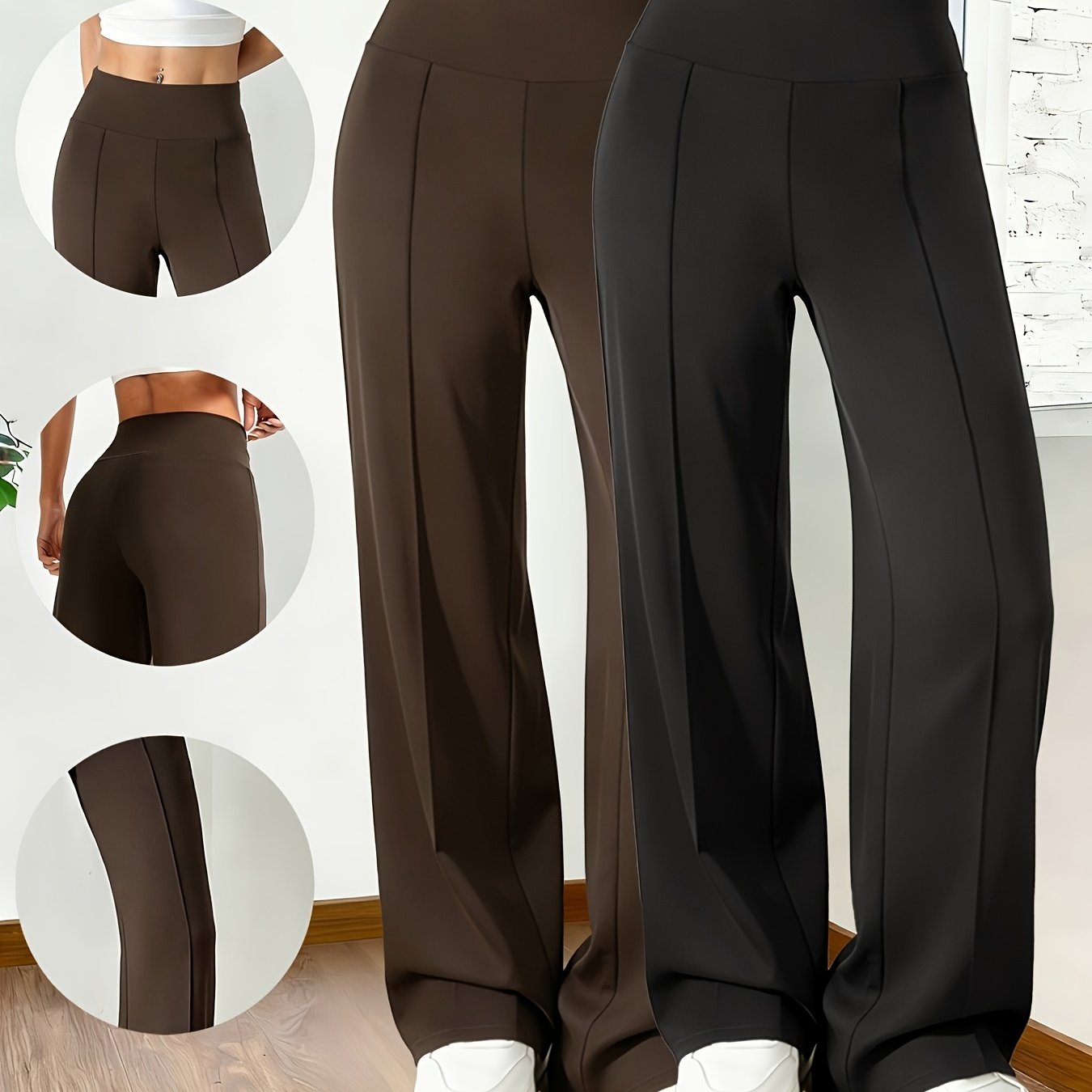 TEMU Lot de 2 pantalons pour femme de style européen et américain, couleur unie, coupe droite et large, bas décontractés à taille haute et coupe ,