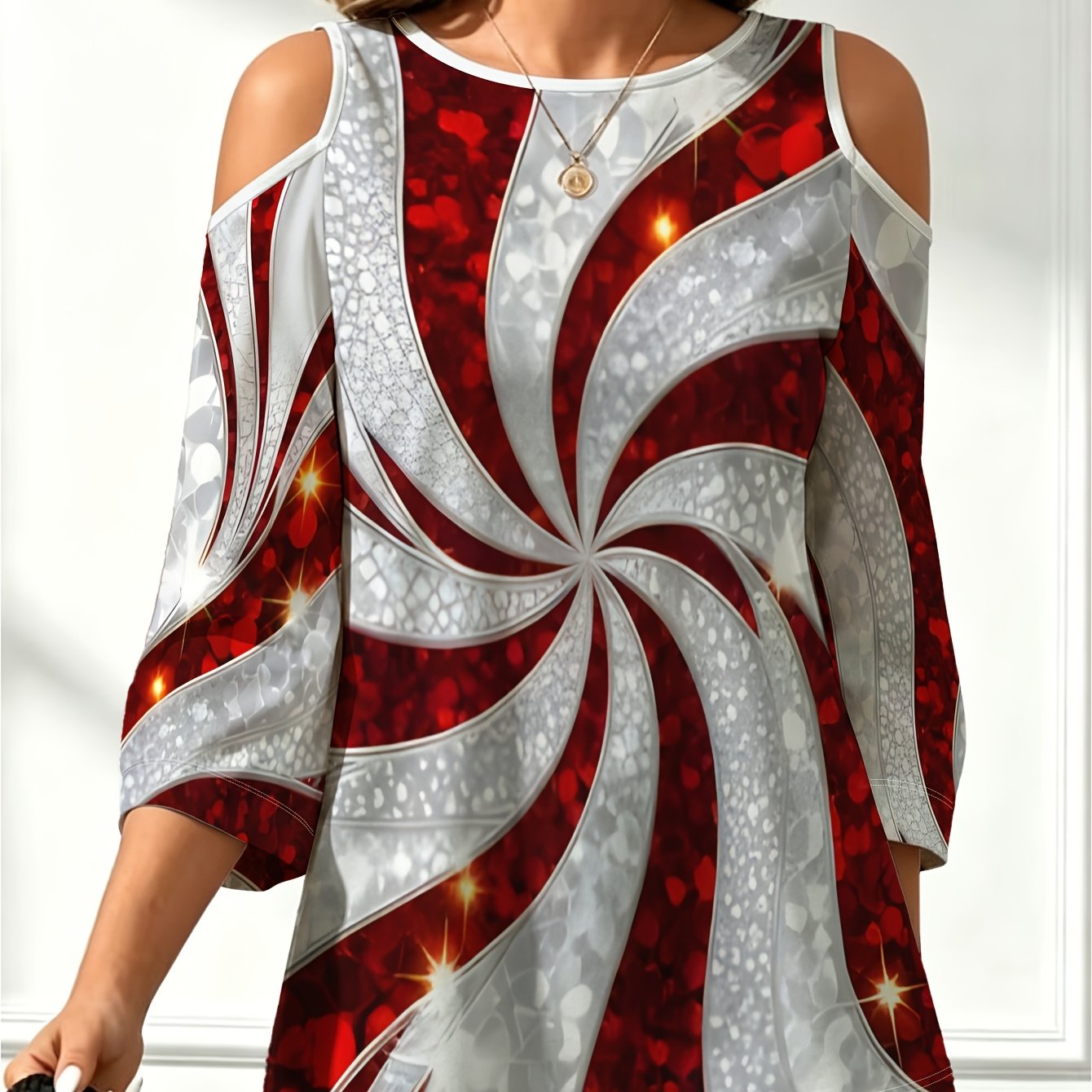TEMU Women's Summer Plus Size Off-shoulder 3/4 Sleeve T-shirt, Red Silver Vortex Sequin Print Date Multi-scene Comfortable Top