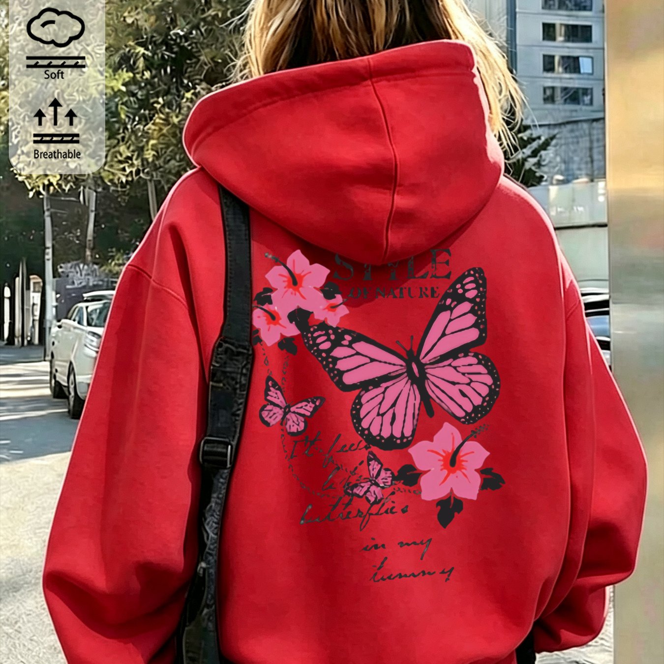 Autumn Winter Women Hoodie With Pink & Flower Y2k Print, Casual Drawstring Pullover Coat
