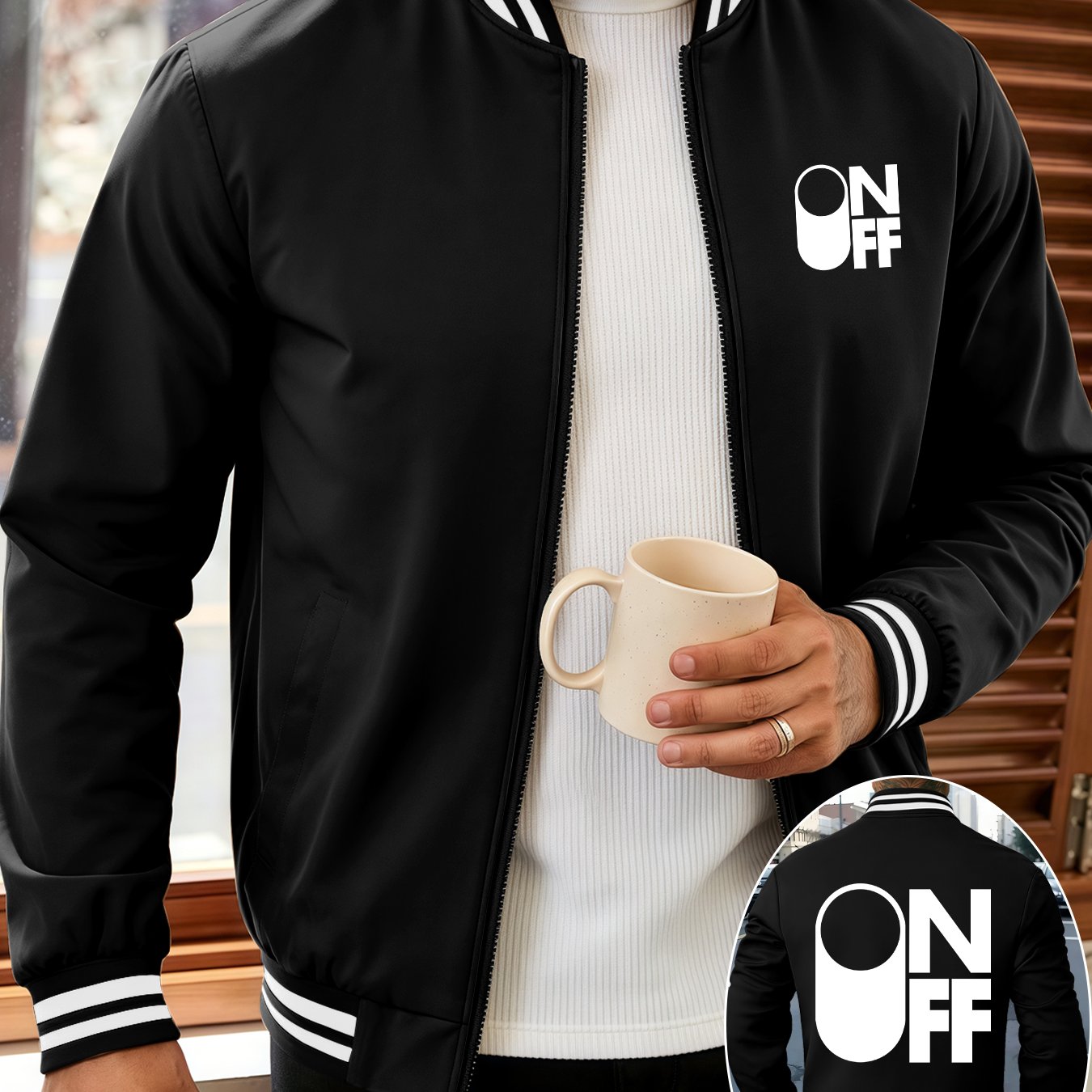 TEMU Men's Fashion Athletic Jacket, Black And White Striped Cuffs, Comfortable Fabric Zipper Closure Regular Fit, Casual Comfortable Versatile Ribbed