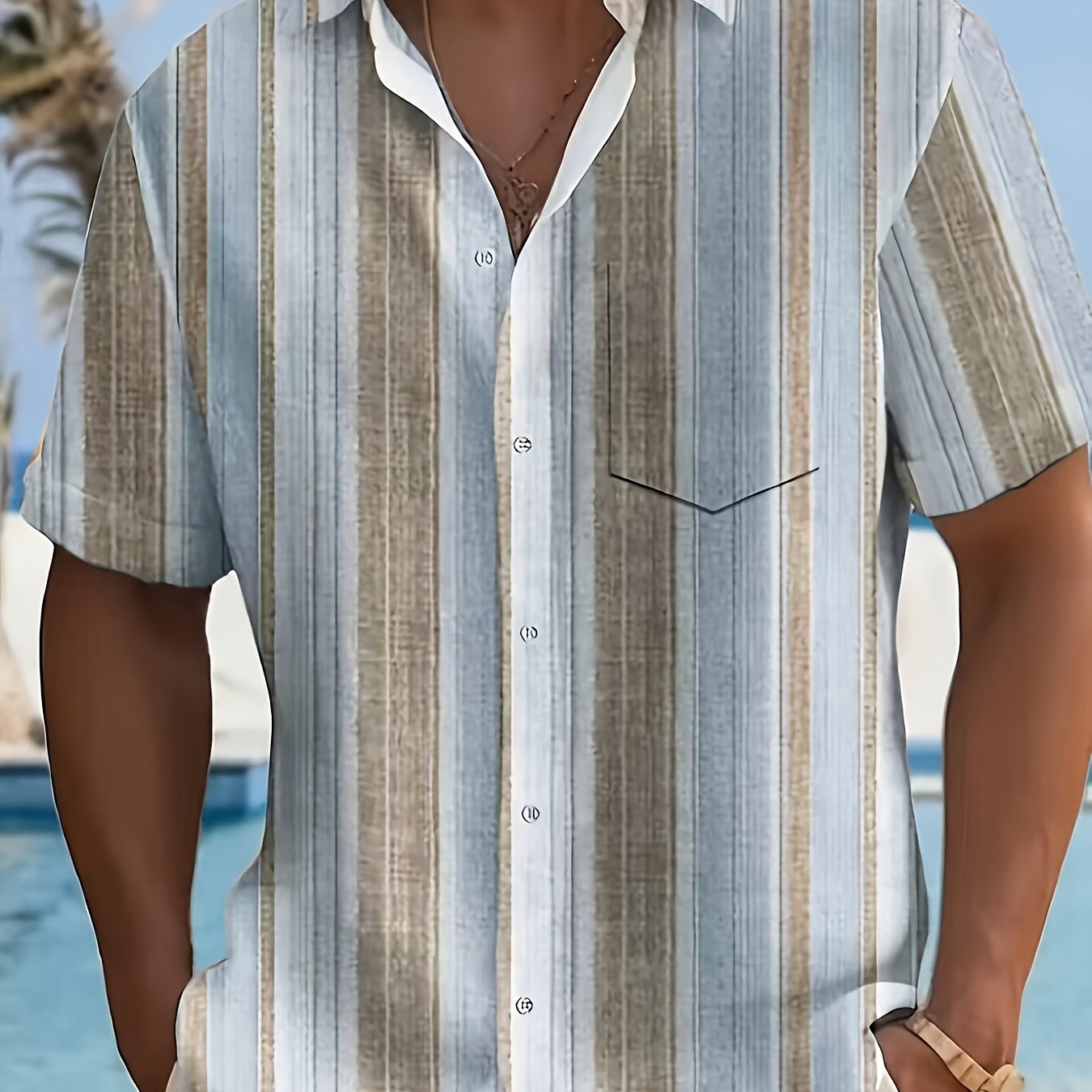 TEMU Men's Casual Striped Short-sleeve Shirt - 100% Polyester Lightweight Breathable Fabric, Loose Fit With Lapel Collar And Button Design, Stripes,
