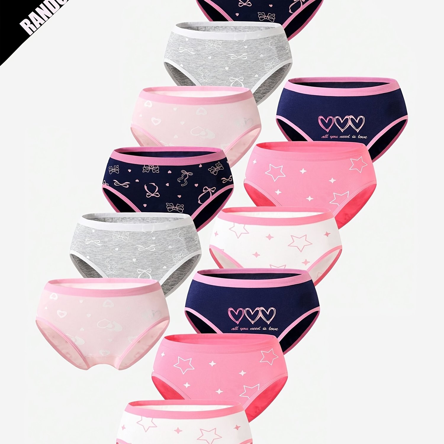 Random 12pcs Pc Girls' Heart Print Underwear, ' Panties, Student Underwear