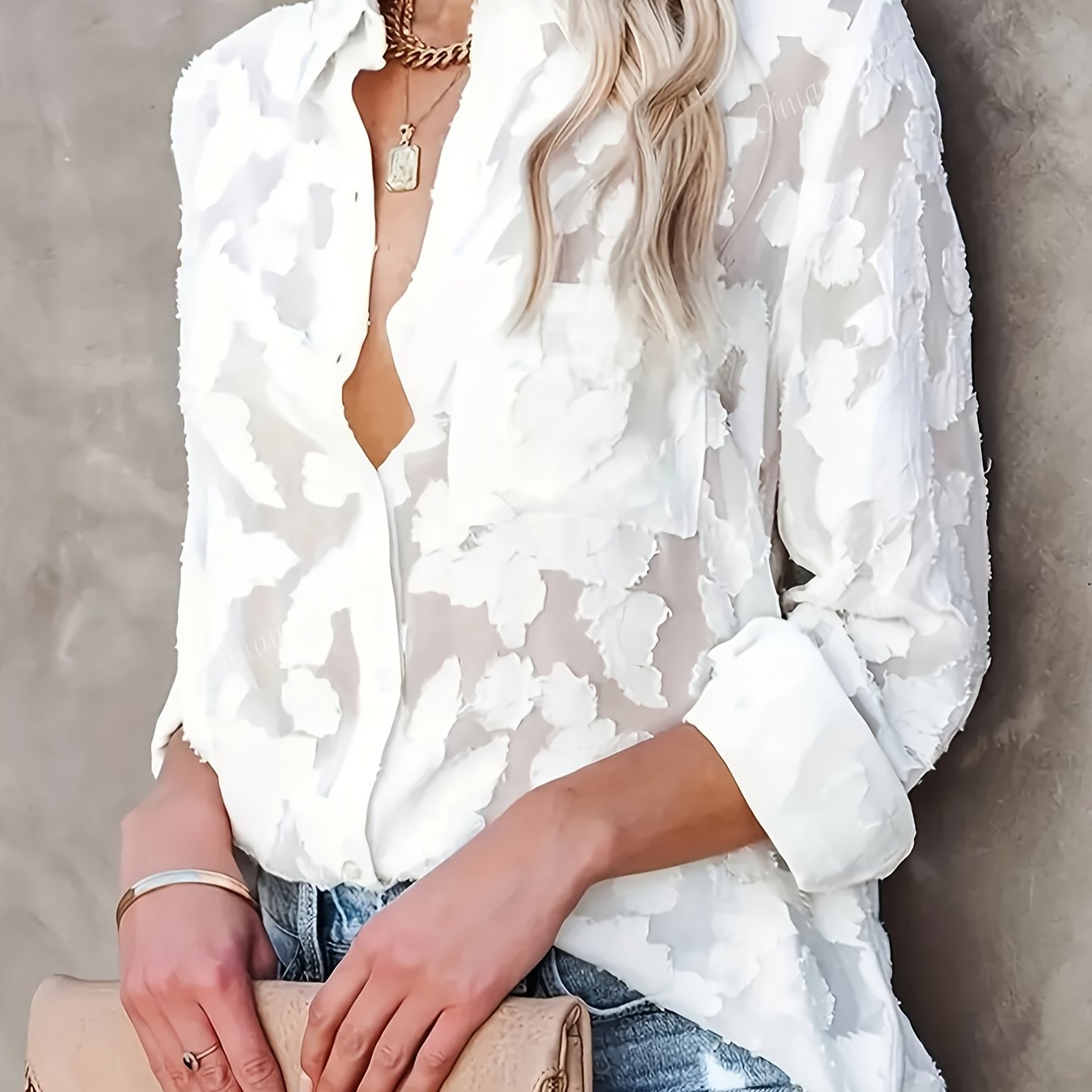 Elegant Women's Blouse, Long-sleeve Jacquard Top, 100% Polyester Solid Color, Button Details, Fabric, Suitable For Spring, Summer, And Autumn