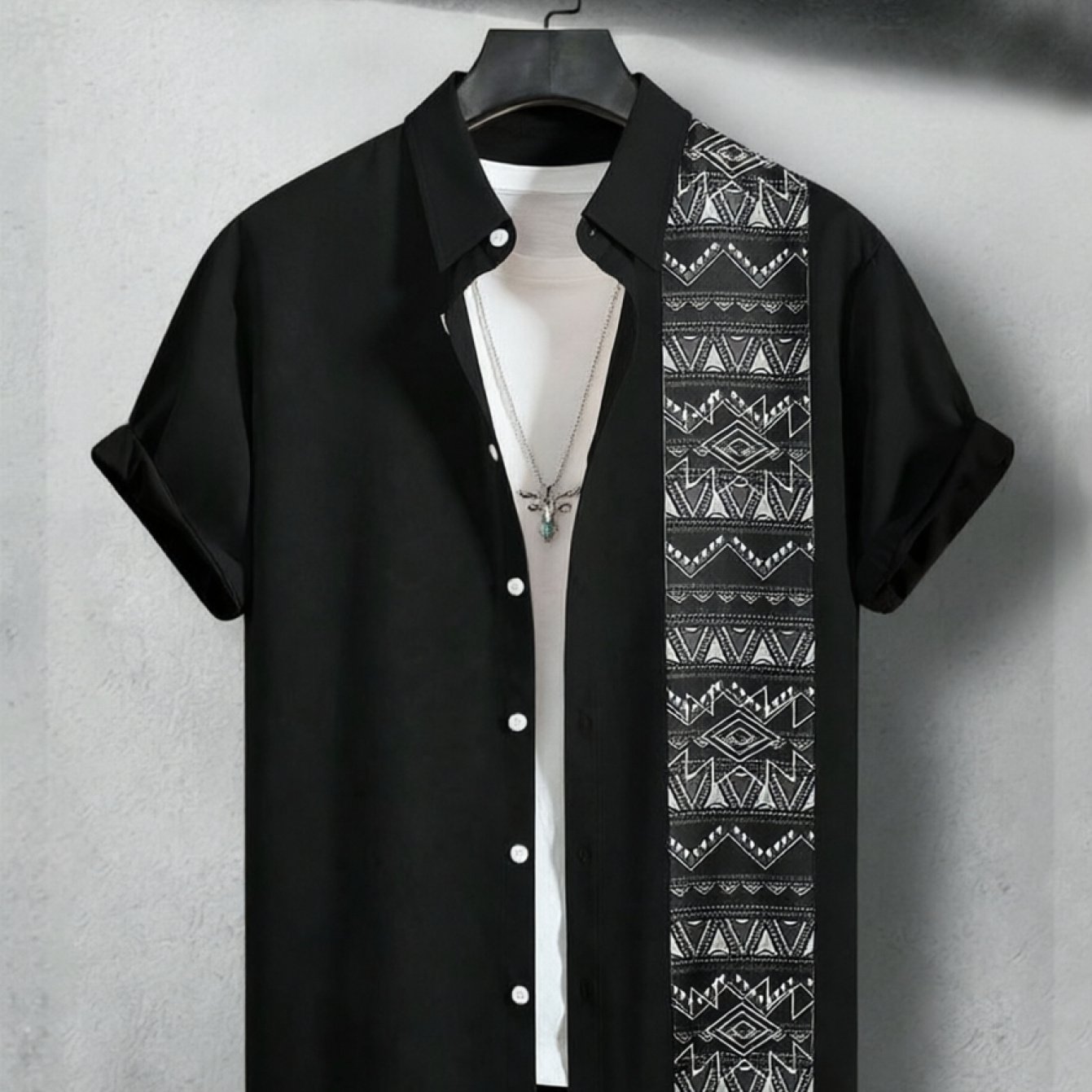 TEMU Men's Summer Casual Geometric Print Short-sleeve Shirt - Breathable, Comfortable, Quick-drying Fabric, Casual Summer Wear, - Non-textured