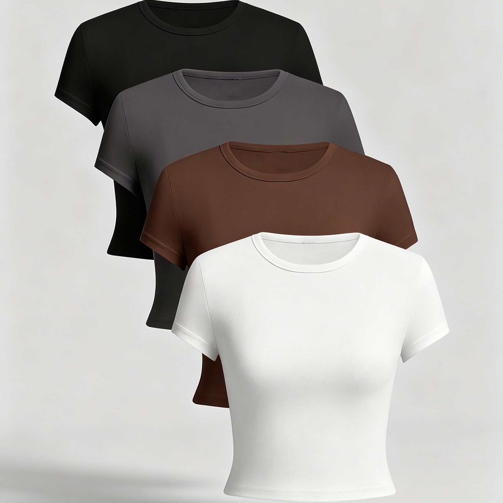 TEMU 4pcs Women's Casual Short Sleeve T-shirts - High Elasticity Round Neck Solid Color Tops, Machine Washable Everyday Basic Tees For Wear, Ladies T